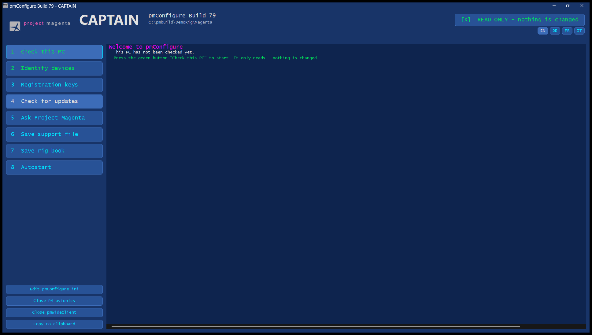 pmConfigure, the start window before the first check