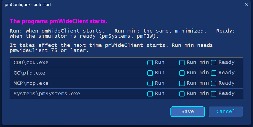 pmConfigure, the Autostart page